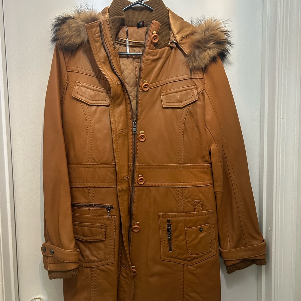 Women's Tan Military Coat with Faux Fur Hood